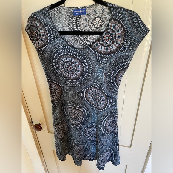 Mexicali Blues Casual Blue and Gray A-line Midi Dress Comfy Stretch Boho Summer - Picture 4 of 11